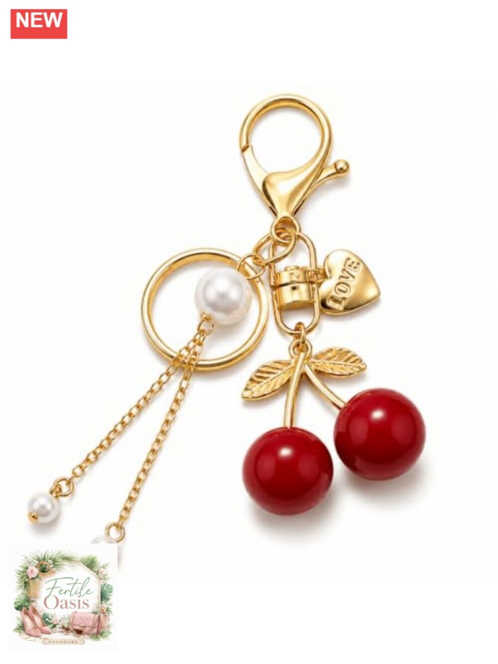 Cherry Bag Charm Keychain with Pearl Tassel Love Heart Purse Charm